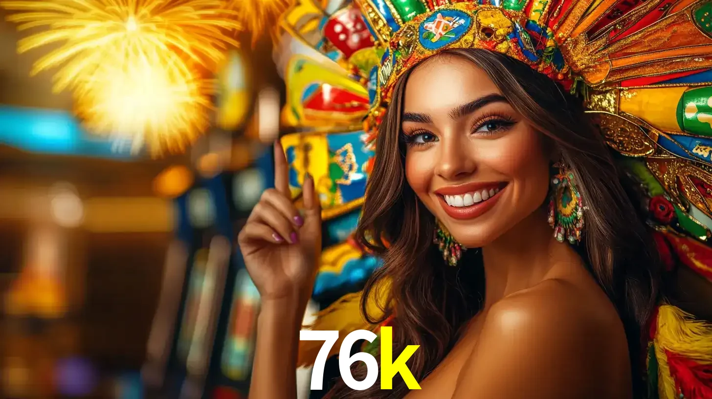 Mulher sorridente com um cocar de carnaval vibrante e colorido, celebrando uma grande vitória nos jogos do cassino 76k com fogos de artifício ao fundo.