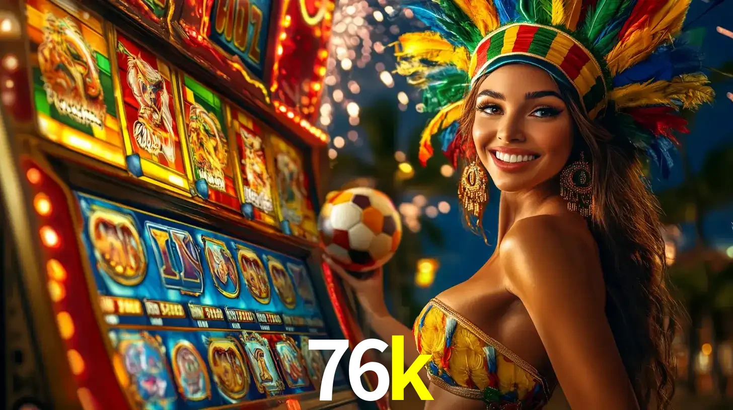 Mulher com um cocar de carnaval ao lado de uma máquina de caça-níqueis enquanto segura uma bola de futebol, mostrando a união da diversão de cassino e esportes no 76k.