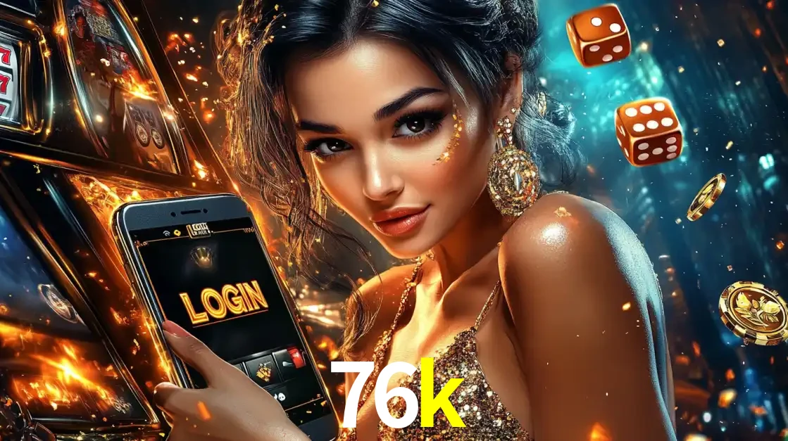 Mulher glamourosa segurando um celular com a tela de login do cassino 76k, rodeada por dados e moedas douradas, pronta para começar a diversão.