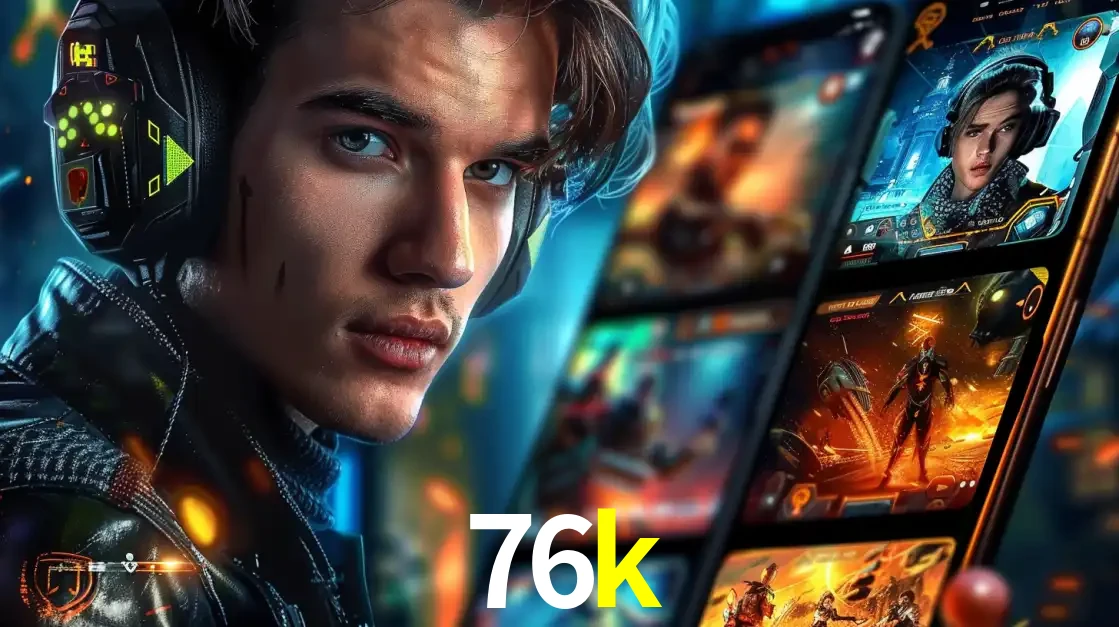 Jovem jogador com fones de ouvido olhando para a câmera, com um aplicativo de jogos e e-sports para celular ao fundo, pronto para a competição e apostas no 76k.