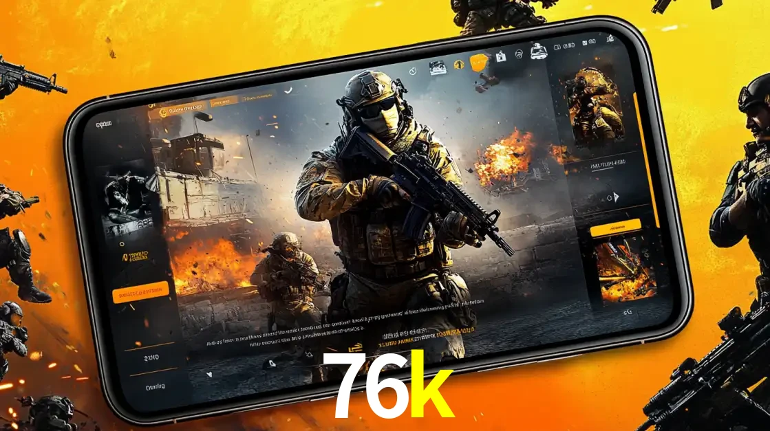 Um smartphone exibindo a interface de um jogo de tiro em primeira pessoa, com um soldado em um cenário de batalha, representando a ação dos e-sports para apostar no 76k.