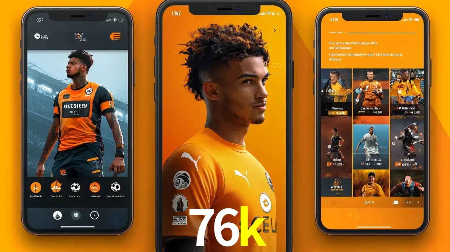 Interface do aplicativo de apostas esportivas 76k em três telas de celular, mostrando o perfil de um jogador de futebol e a lista de jogos disponíveis para apostar.