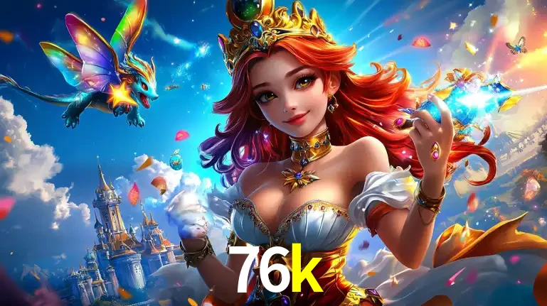 A princesa de um reino de fantasia mágico, com seu pequeno dragão, apresentando um mundo de prêmios encantados nos jogos de caça-níqueis do cassino 76k.