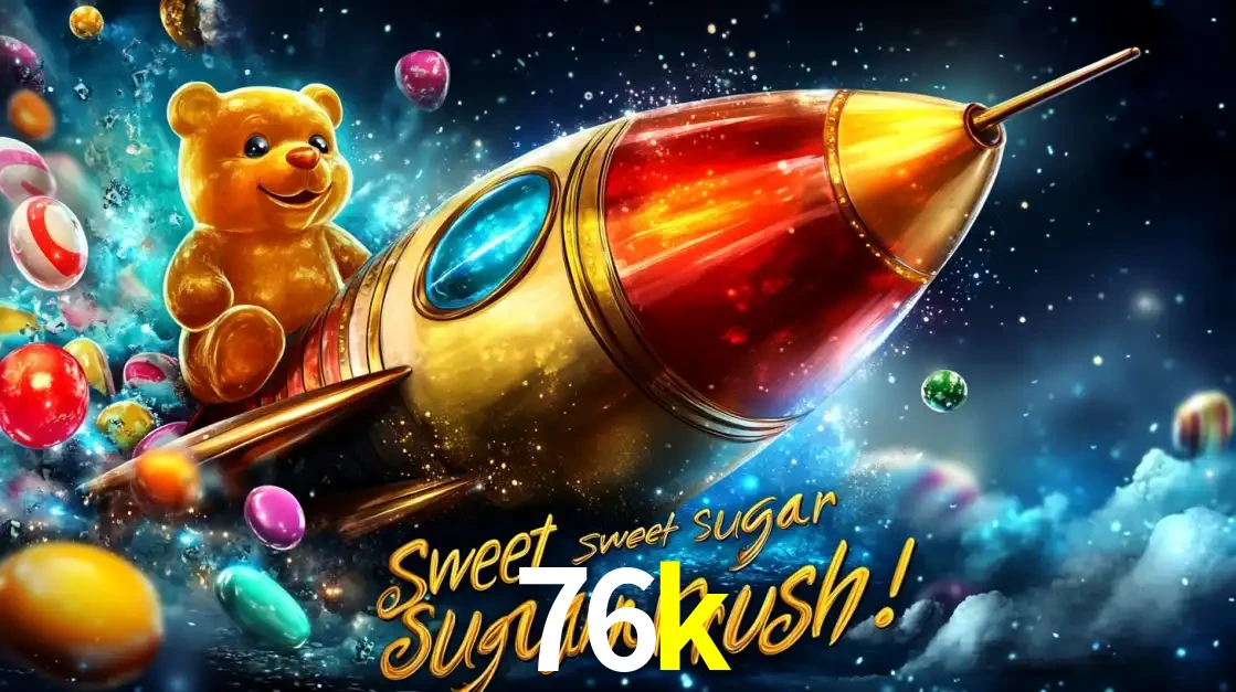 Arte promocional do jogo de slot Sugar Rush, com um urso de pelúcia em um foguete viajando pelo espaço de doces, um dos jogos divertidos disponíveis no cassino 76k.