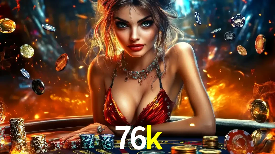 Mulher em uma mesa de cassino com pilhas de fichas e um fundo de fogo, pronta para uma rodada de altas apostas nos jogos de mesa emocionantes do cassino 76k.