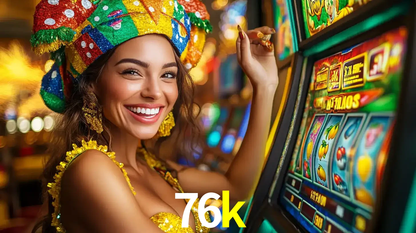 Mulher feliz com traje de carnaval amarelo e colorido ao lado de uma máquina de caça-níqueis, aproveitando a diversão e os jogos temáticos do cassino 76k.