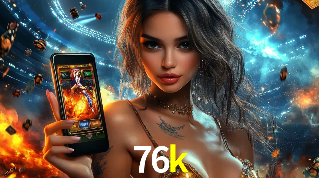 Mulher segurando um celular com um jogo de slot em destaque, tendo como fundo um estádio vibrante, simbolizando a emoção de jogar no cassino móvel 76k.