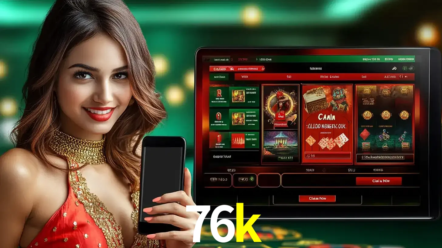 Mulher sorridente segurando um smartphone, ao lado de uma tela exibindo o lobby de jogos do cassino online 76k, com várias opções de jogos de cartas e slots.